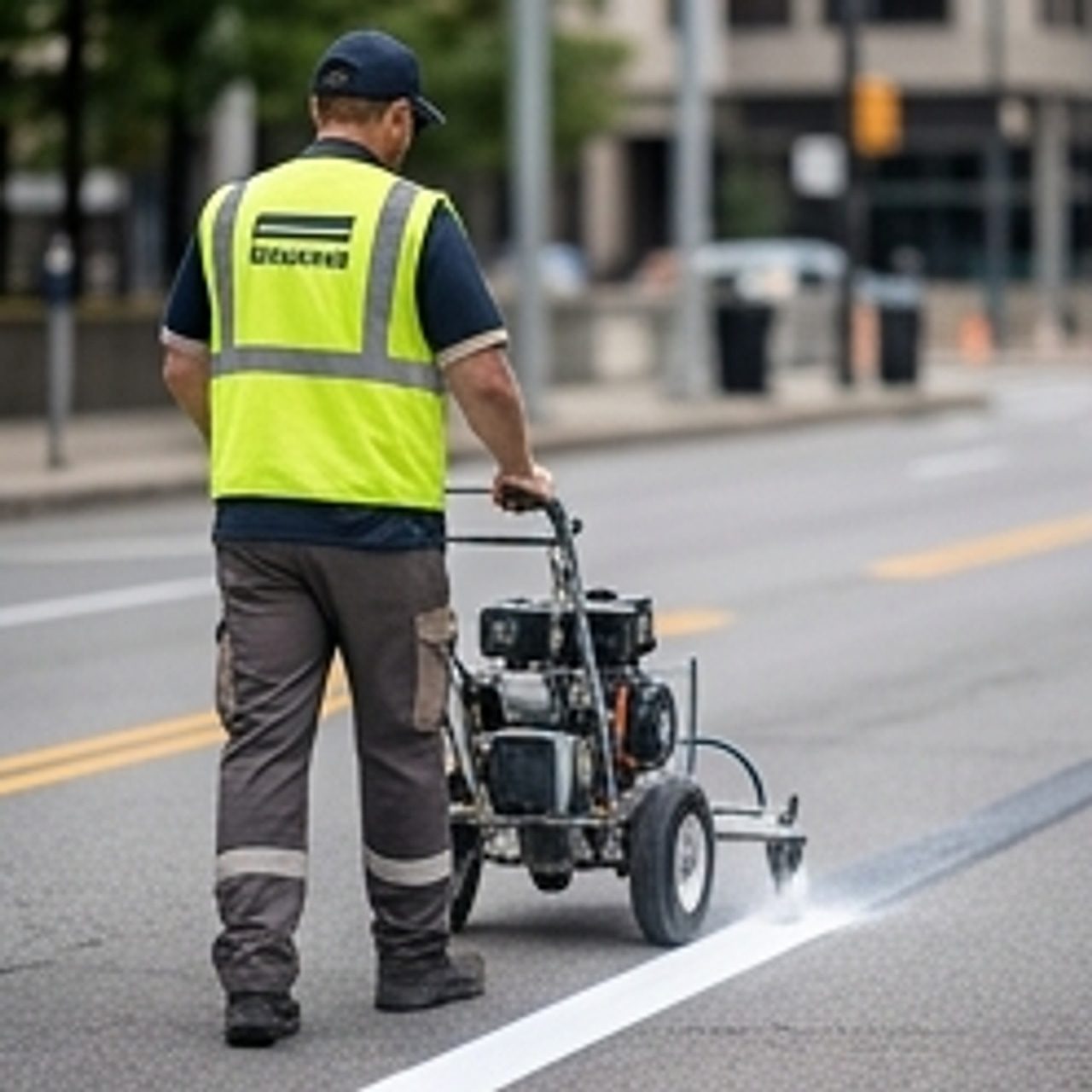 worker painting striped line on pavement